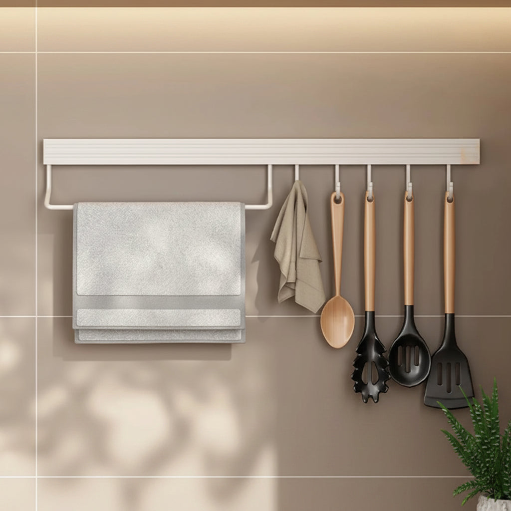 Wall-Mounted Utensil Hooks Rack - Space-Saving Kitchen Organizer with No-Punch Installation 4