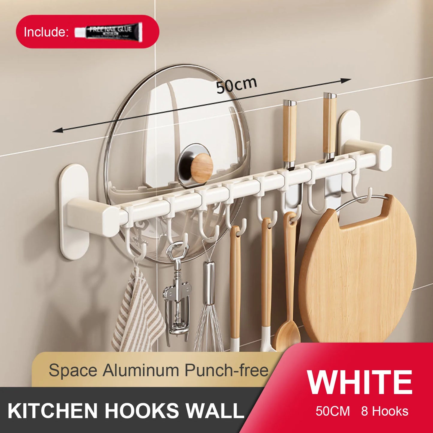 Wall Mounted Kitchen Hook Rack - No-Punch Installation for Utensil Storage 11