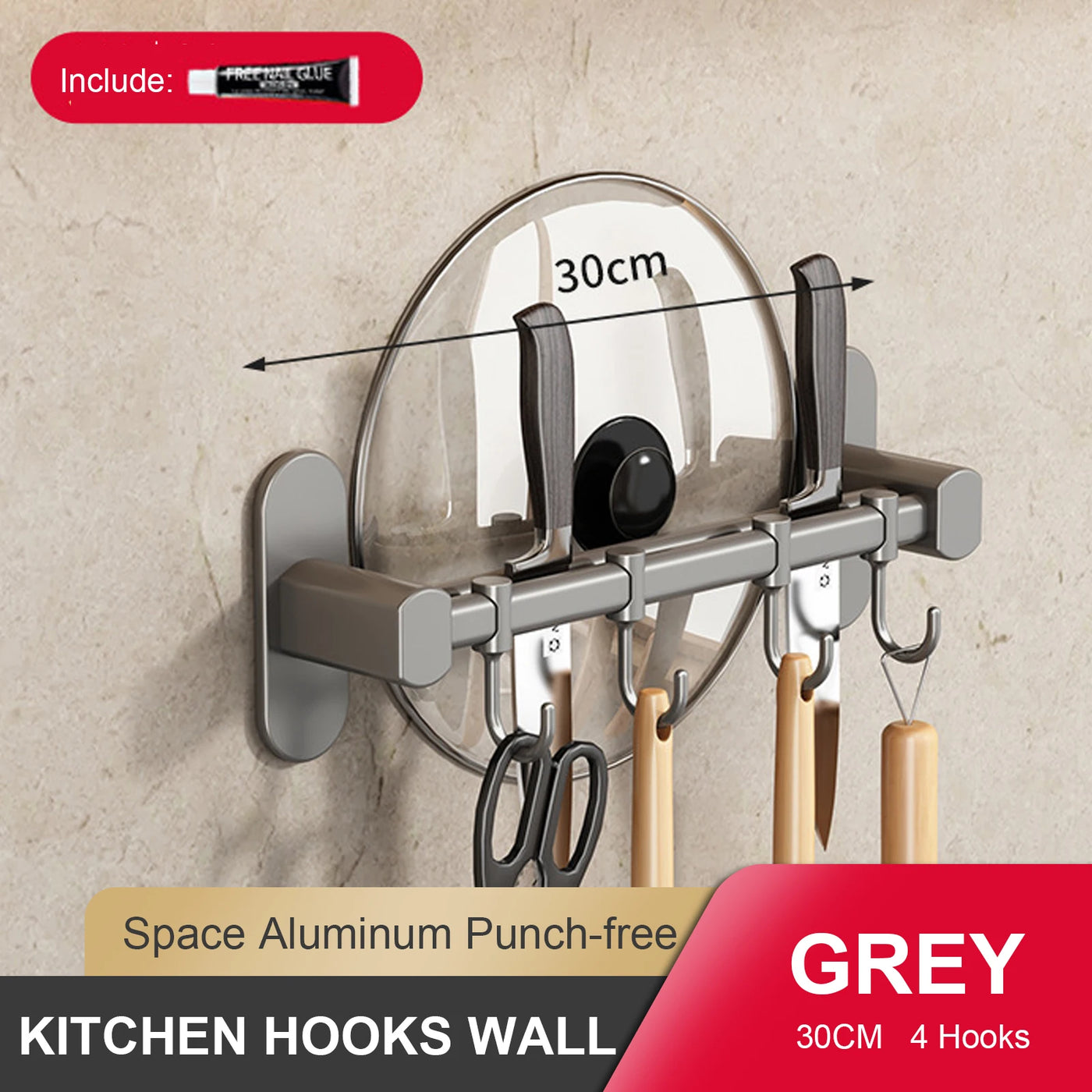Wall Mounted Kitchen Hook Rack - No-Punch Installation for Utensil Storage 14