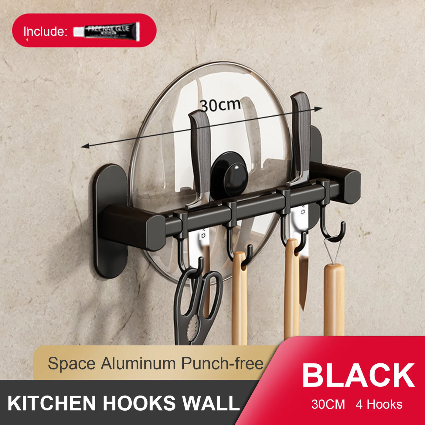 Wall Mounted Kitchen Hook Rack - No-Punch Installation for Utensil Storage 7