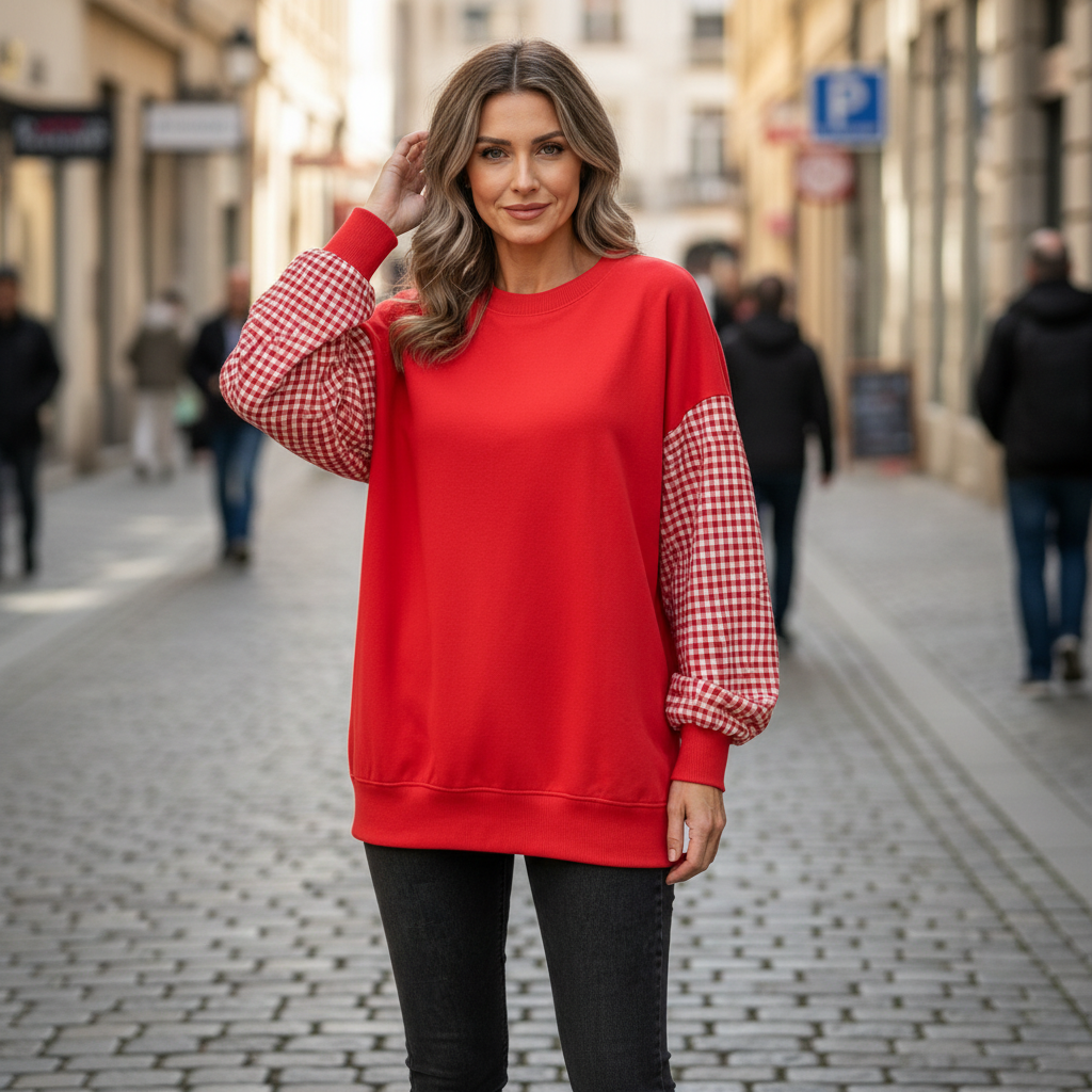 CHECKELLE – Lässiges Patchwork-Oberteil mit Rundhalsausschnitt